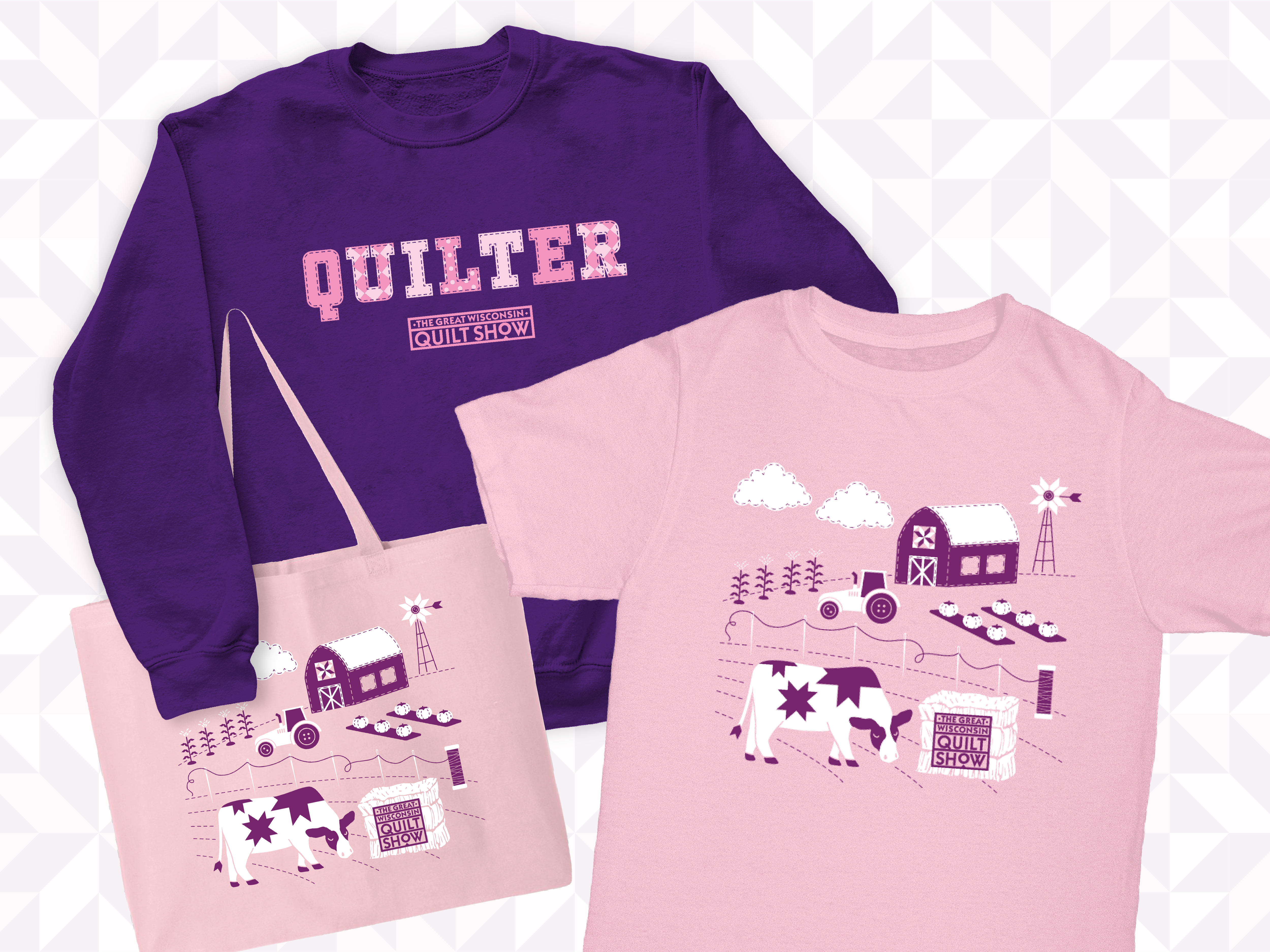 merch collage with purple quilter sweatshirt and pink tote and pink shirt with quilted farm scene